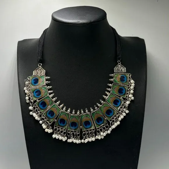 3/$30 Peacock Statement Necklace Silver Adjustable Fabric Cord Beaded Jewelry - Picture 3 of 11
